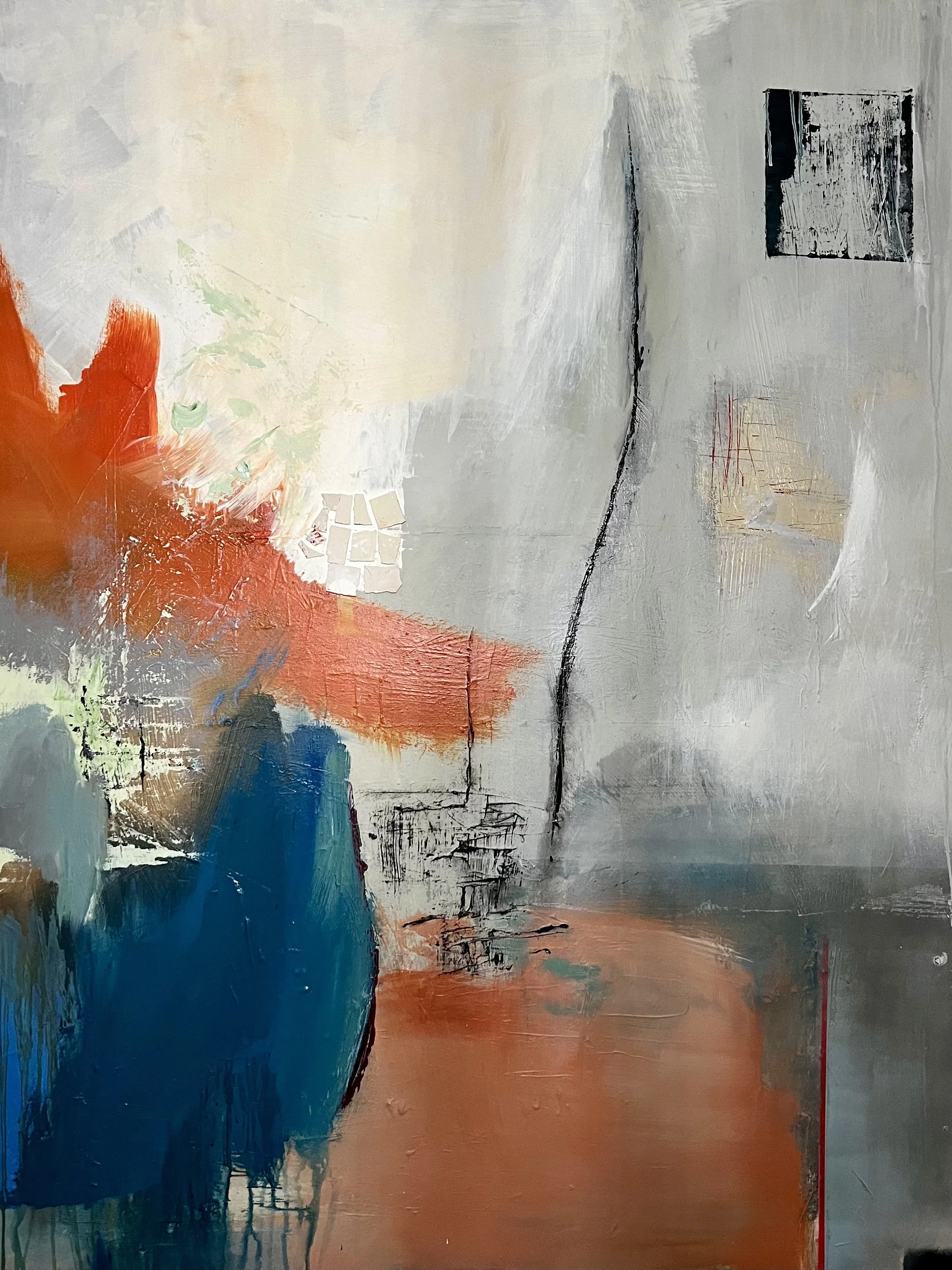 'Starting Over' 
This painting is currently for sale. $2000
Acrylic on Canvas 48 x 60 x 2 in

Abstract composition with large patches of bright orange and deep blue against a muted gray background. Various textures and lines intersect, creating a dyn