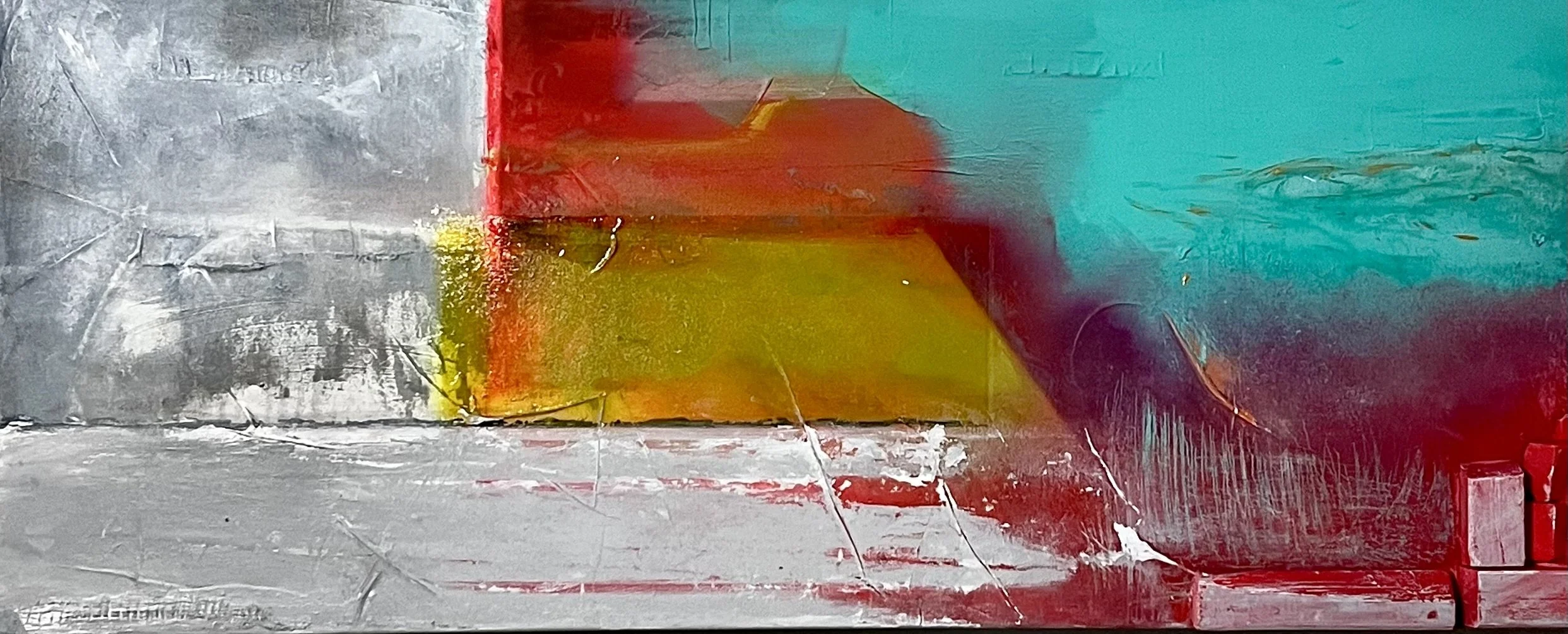 Urban Gems 
This item is currently for sale $400
Acrylic on canvas, mixed media.
Bold blocks of teal, red, and yellow dominate the composition, creating a vibrant, geometric pattern. The use of color and abstraction evokes a sense of movement and dep