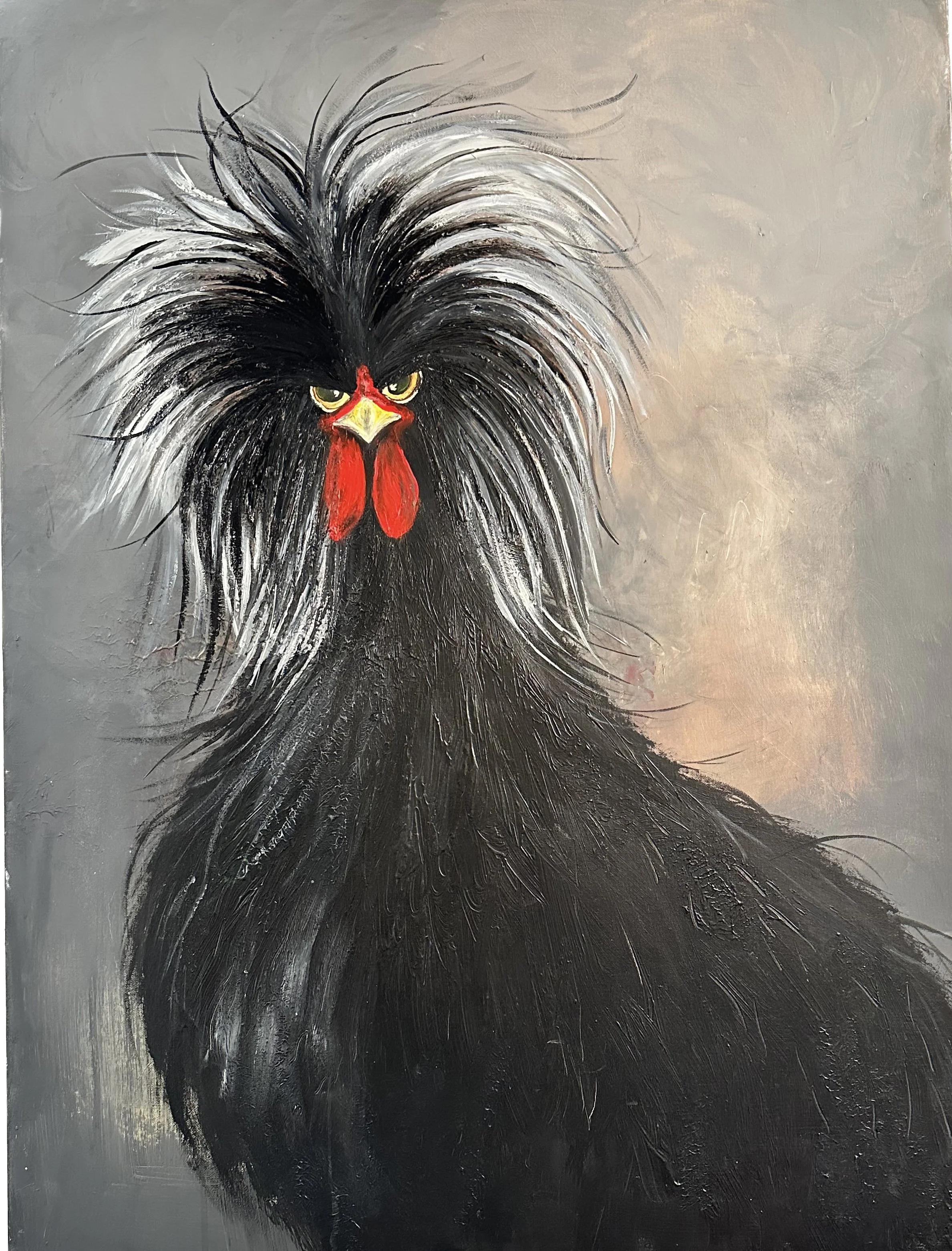 'Borys'
This painting is currently for sale. $800
Acrylic on canvas. 32 x 48 x 2 in
White Creasted polish rooster stares at the camera with the intensity of a person or rockstar.