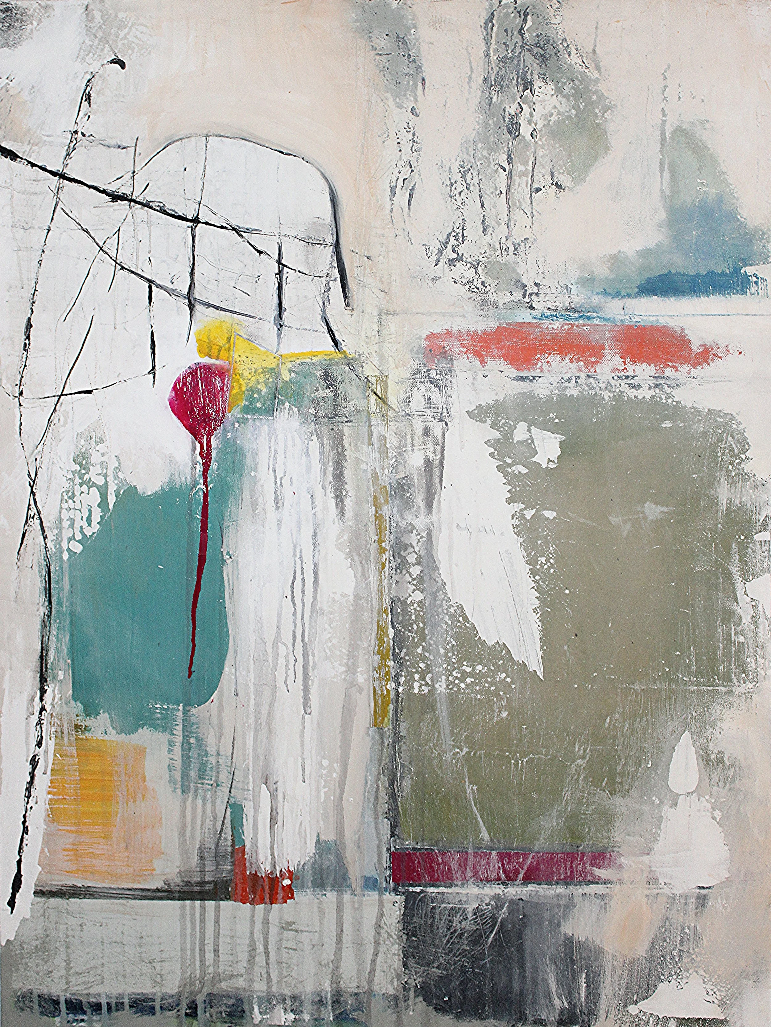 Stimming
$1200
40 x 30 acrylic on canvas

This painting is currently available for sale. 
A blend of abstract shapes and colors creates a dynamic composition with splashes of red, teal, and yellow. The use of black lines and soft brushstrokes adds de