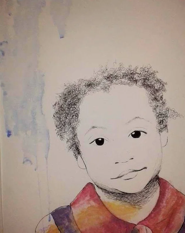 Self Portrait of the artist at 2 yr old
Watercolor and ink framed  SOLD

A child with curly hair is depicted with a gentle expression, wearing a colorful outfit. Soft hues and delicate lines give the image a serene and tender feel.
