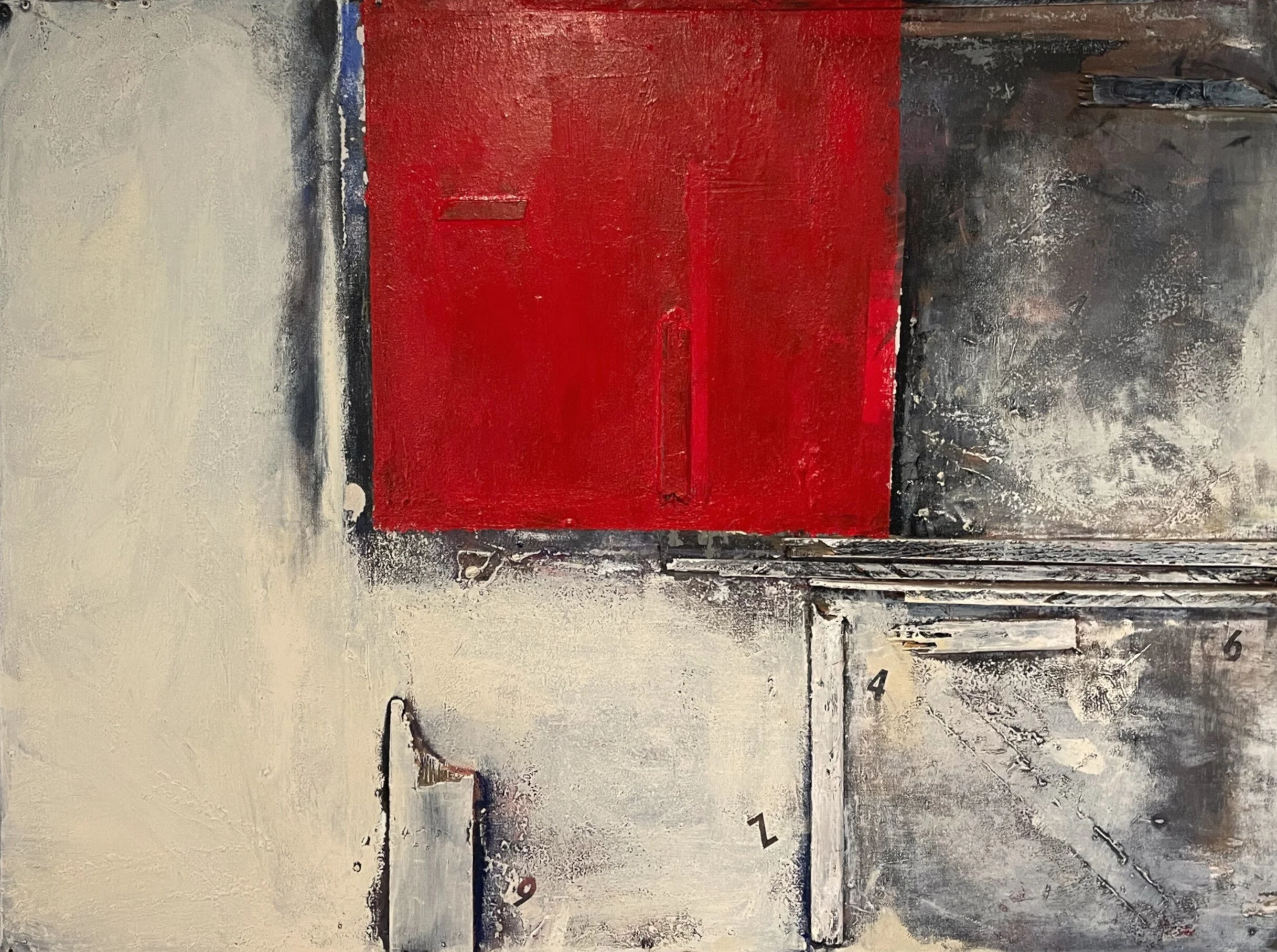 Red
Acrylic on Canvas, Mixed Media with wood frame. 41 x 32 x 3.5 in 
This Item is currently for sale. $750

A predominantly abstract piece features a bold red rectangular section on the left side contrasted against a textured gray and white backgrou