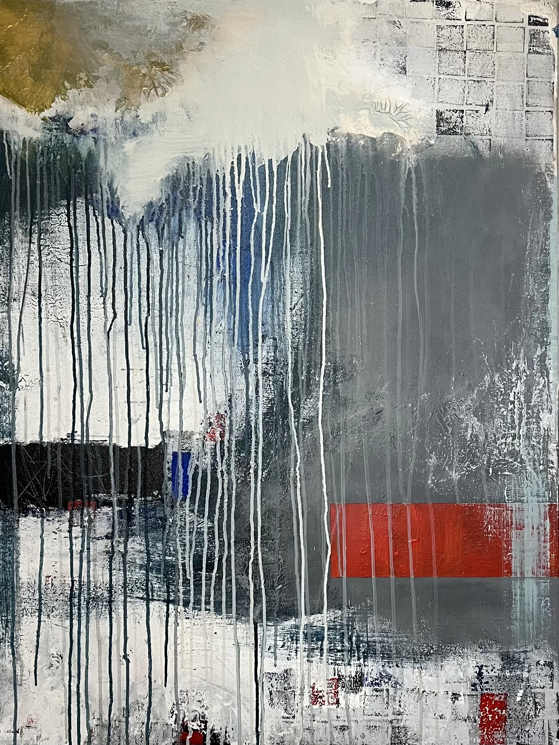 'Reinvention' This painting is currently for sale. $600
Acrylic on Canvas 30 x 40 x 2 in

Abstract streaks of various colors blend together with drips running downwards, creating a sense of movement. Geometric shapes in the background add structure a