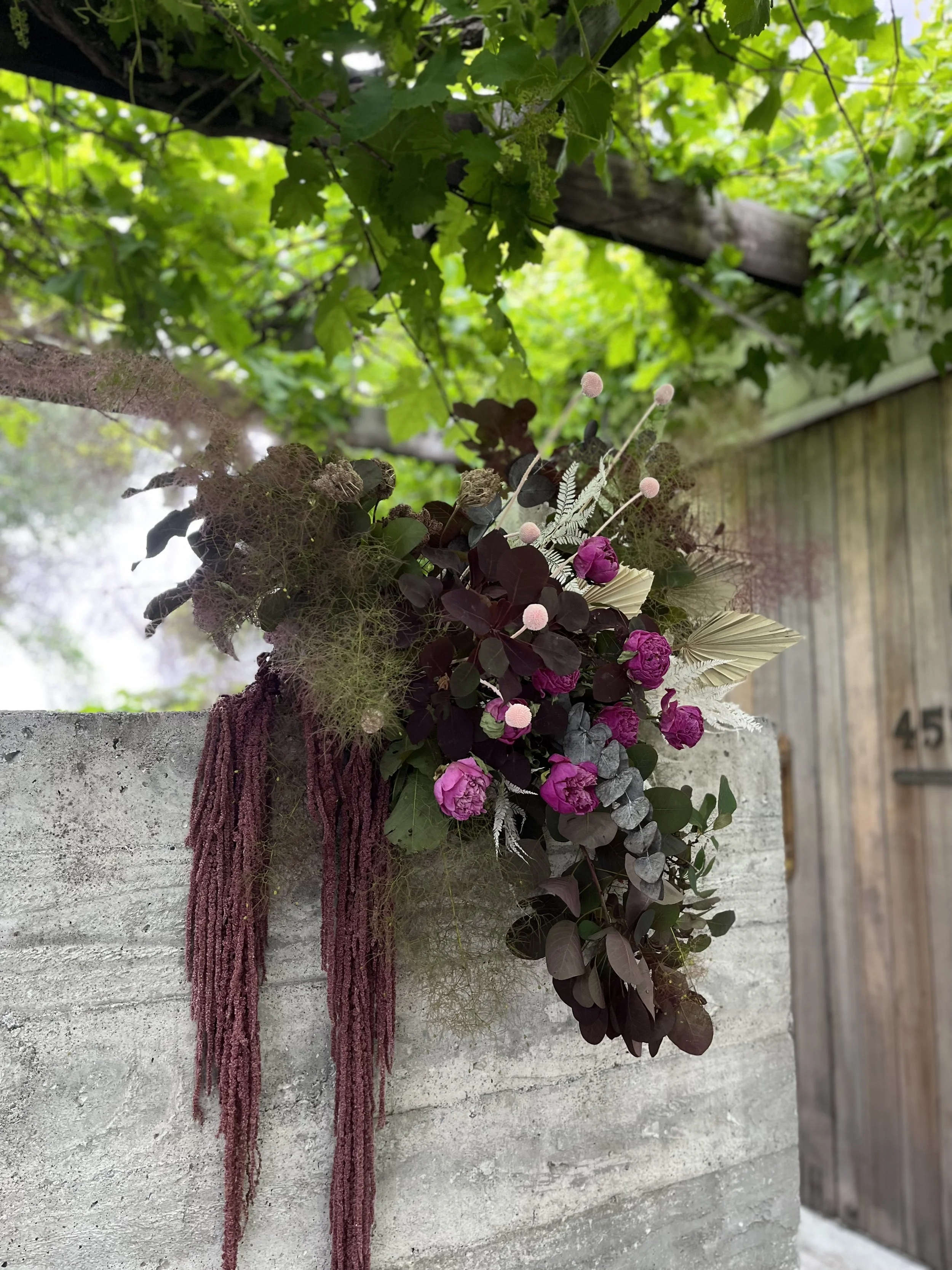 Arrangement of pink and purple flowers with dark green and gray leaves, draping over a concrete wall.