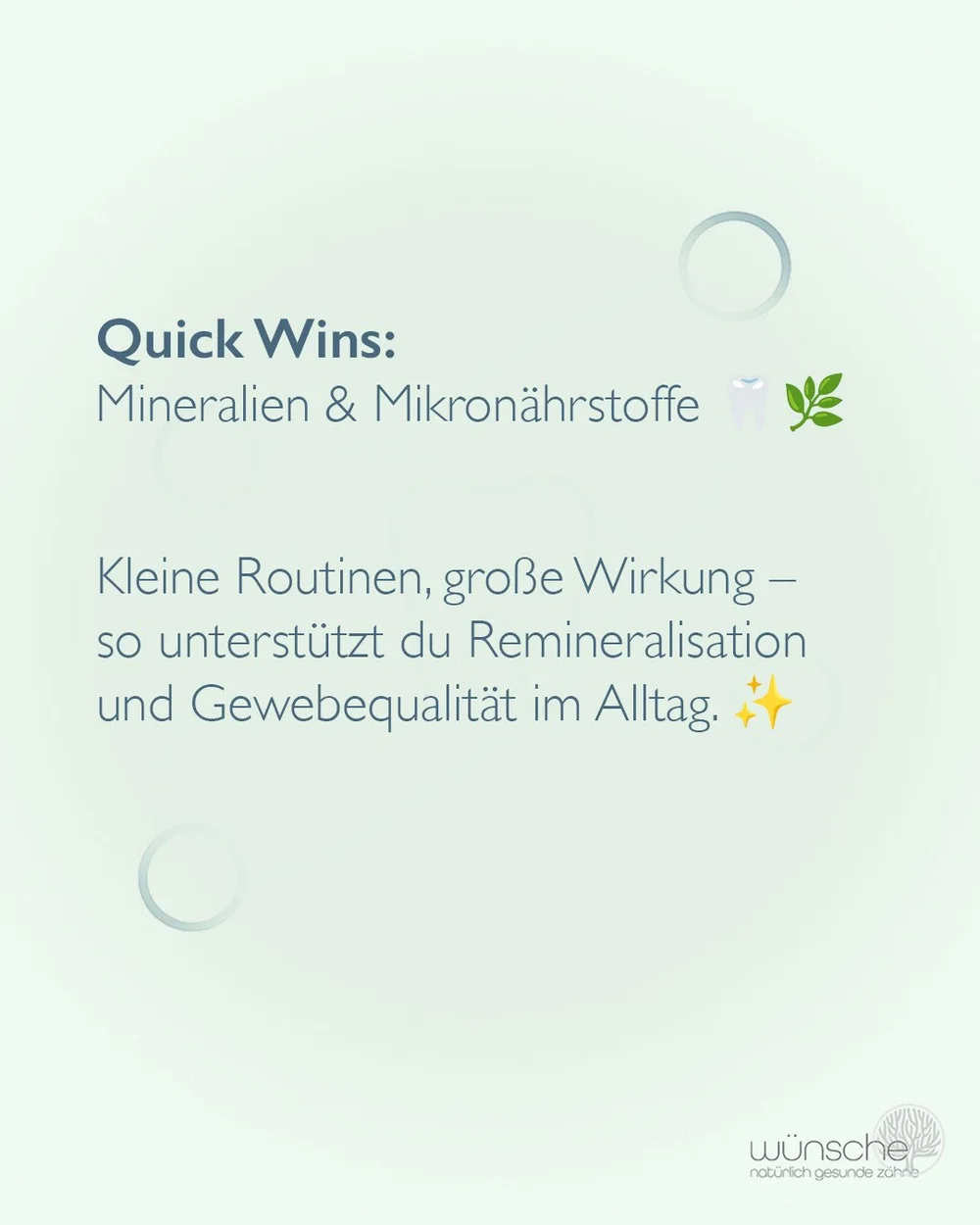 Quick Wins: Mineralien &amp; Mikron&auml;hrstoffe 🦷🌿

F&uuml;nf einfache Schritte, die Mineralverf&uuml;gbarkeit und Gewebequalit&auml;t unterst&uuml;tzen &ndash; ohne Dogmen, aber mit Wirkung. Welcher passt heute f&uuml;r dich?

👉 Tipp: Post spei
