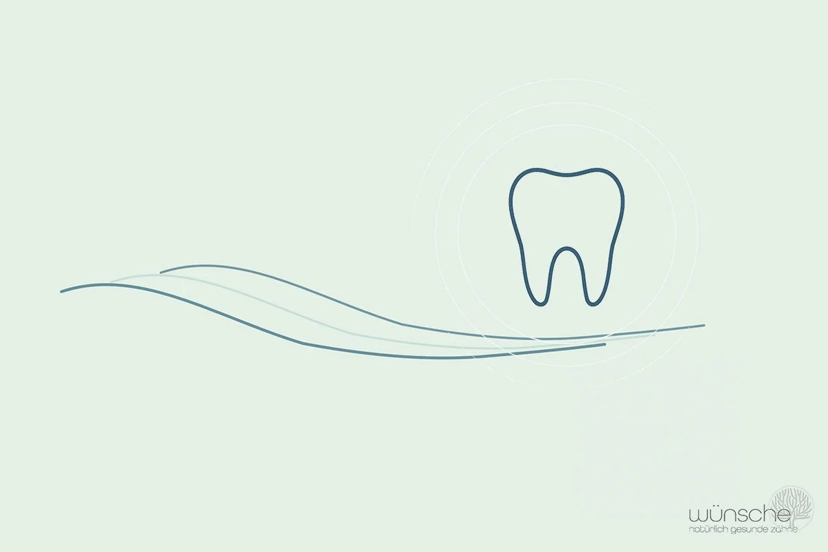 Minimalistische Illustration mit sanft nach unten ausklingenden Linien und einer feinen Zahn-Outline – Symbol für Entlastung des Kauapparats.