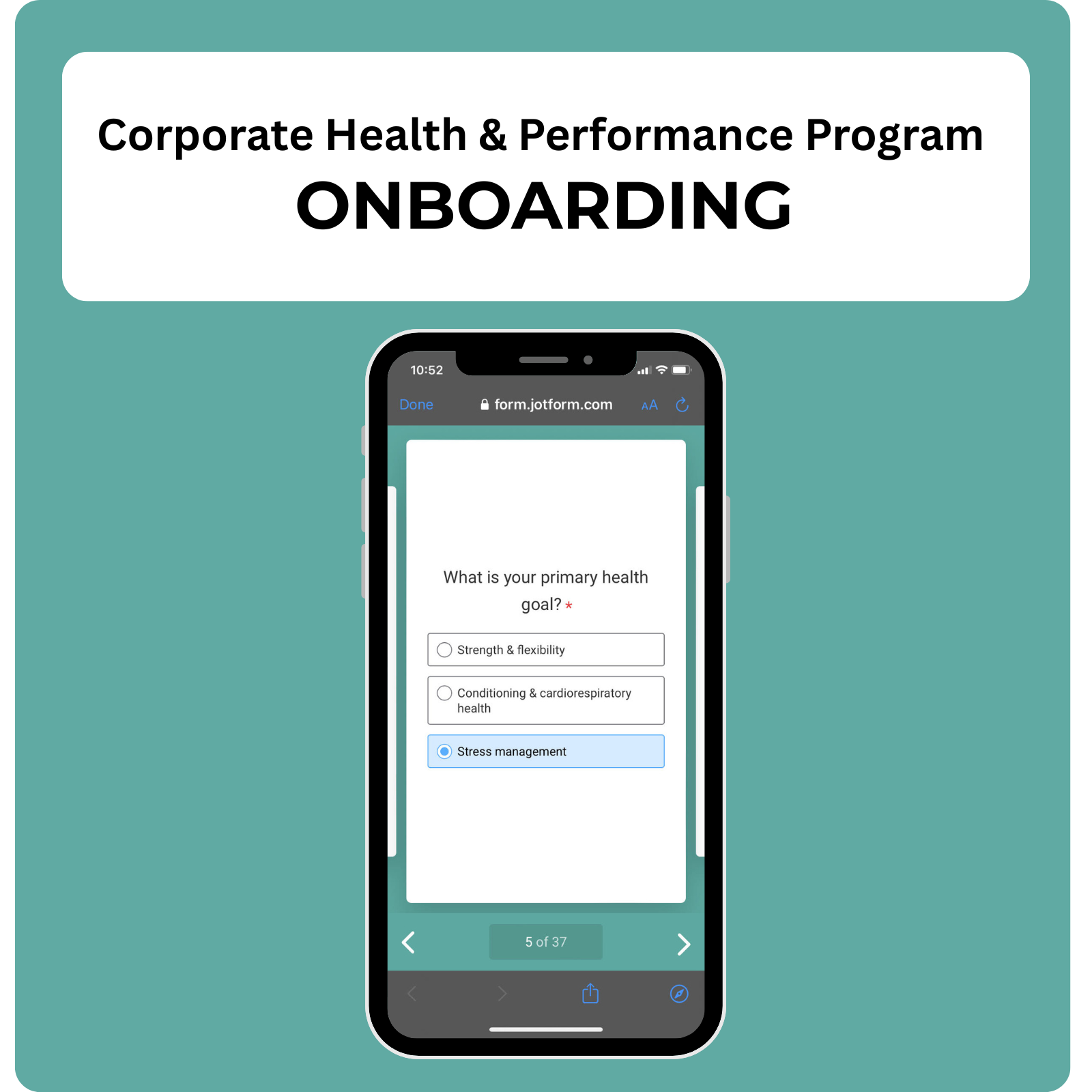 Promotional graphic for Monali Health's Corporate Health & Performance Program, featuring a smartphone displaying Onboarding with a screenshot of the onboarding process.