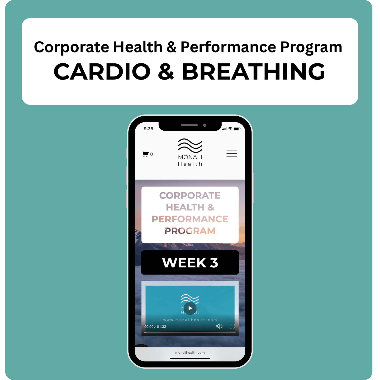 Promotional graphic for Monali Health's Corporate Health & Performance Program, featuring a smartphone displaying the strength and flexibility program with a screenshot of the educational content.