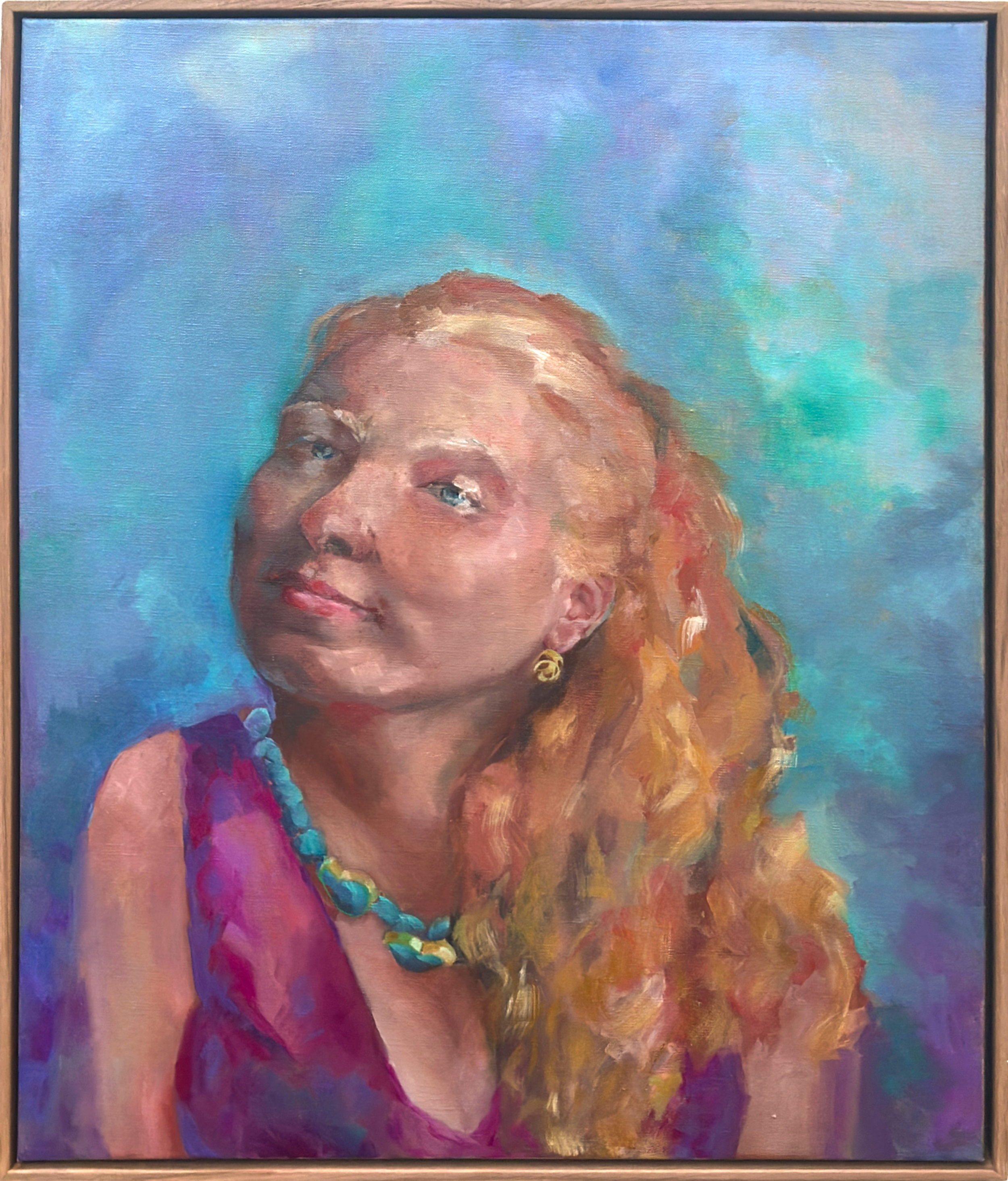 A colorful portrait painting of a woman with red hair, wearing a pearl necklace and earrings, set against a vibrant background of blues, greens, and purples.