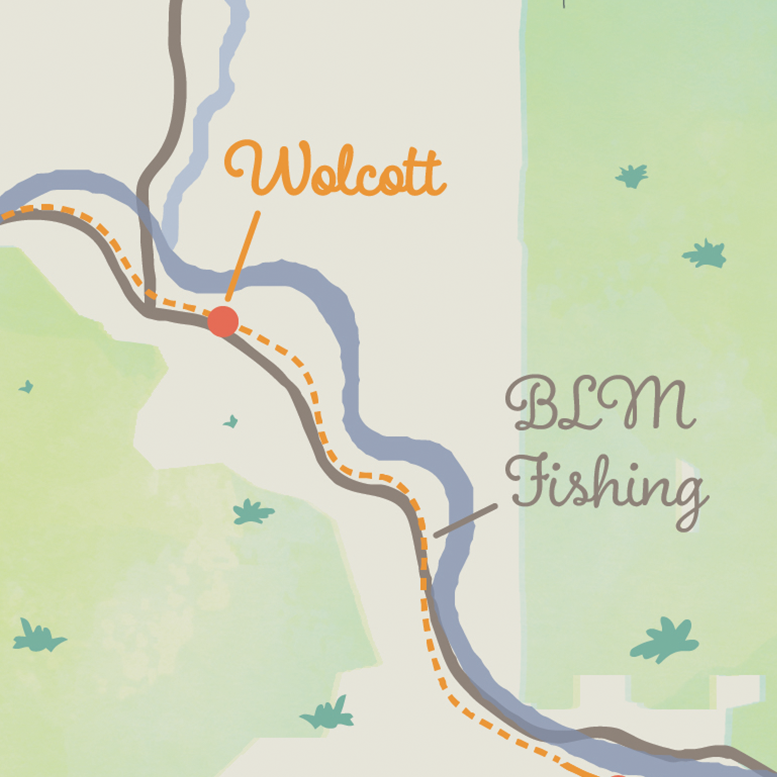 Map fragment showing the route from Highway 131 near Wolcott to BLM Fishing