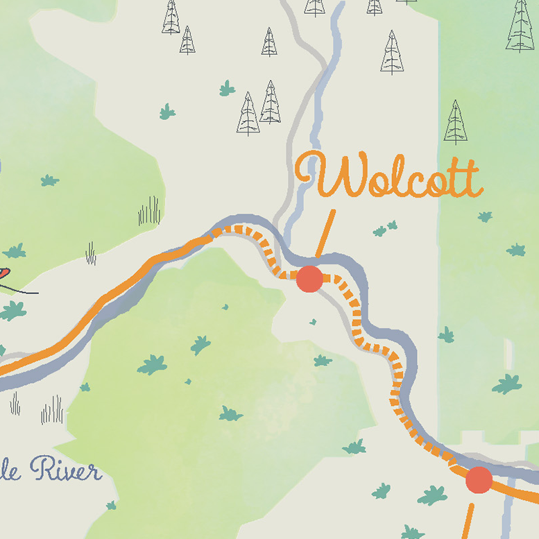 Map fragment showing the route from Highway 131 near Wolcott to BLM Fishing