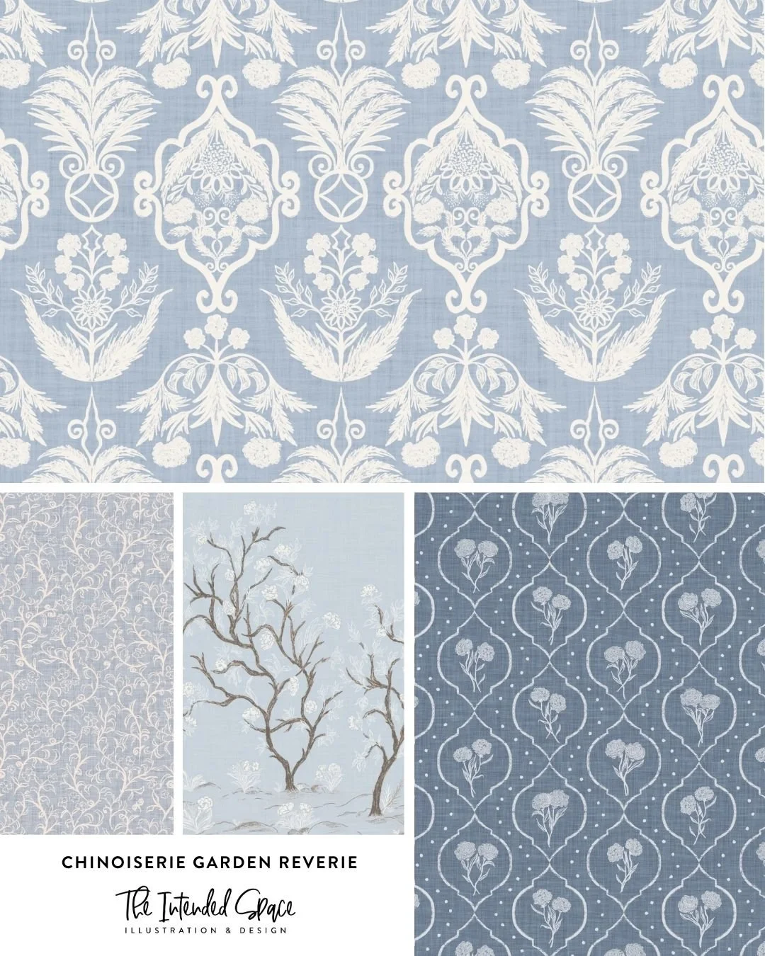 Somehow when I first started sketching this collection, I felt like something should be blue. So all my sketch pattern test of these patterns were all blue and white. Although eventually I didn't go ahead with this palette, I couldn't help but create