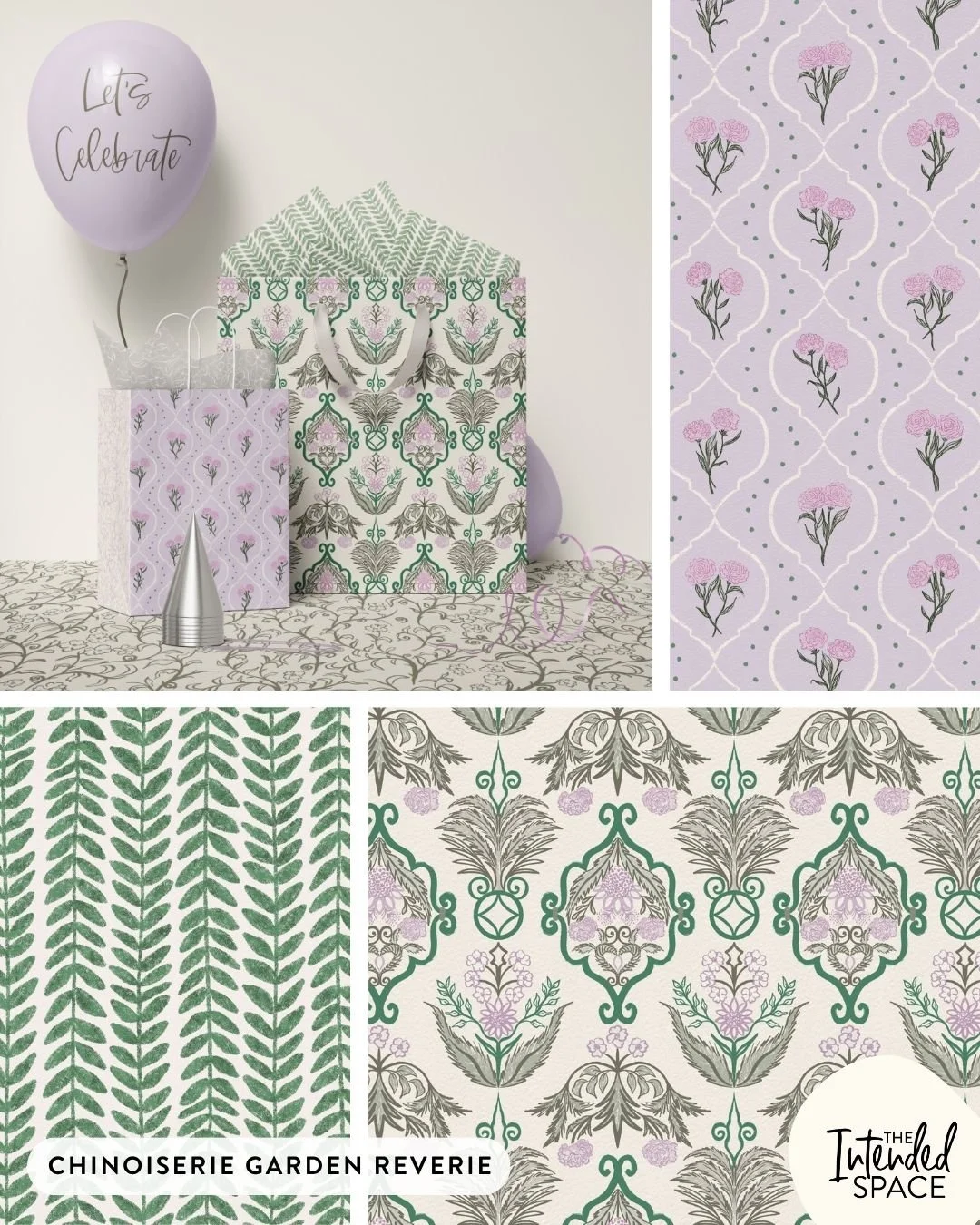 I love how soft this lilac and green look in this Chinoiserie surface pattern collection! It brings out the elegance and feminine feel of these designs! The green and purple work really well together! It was originated from a random Photoshop play ah