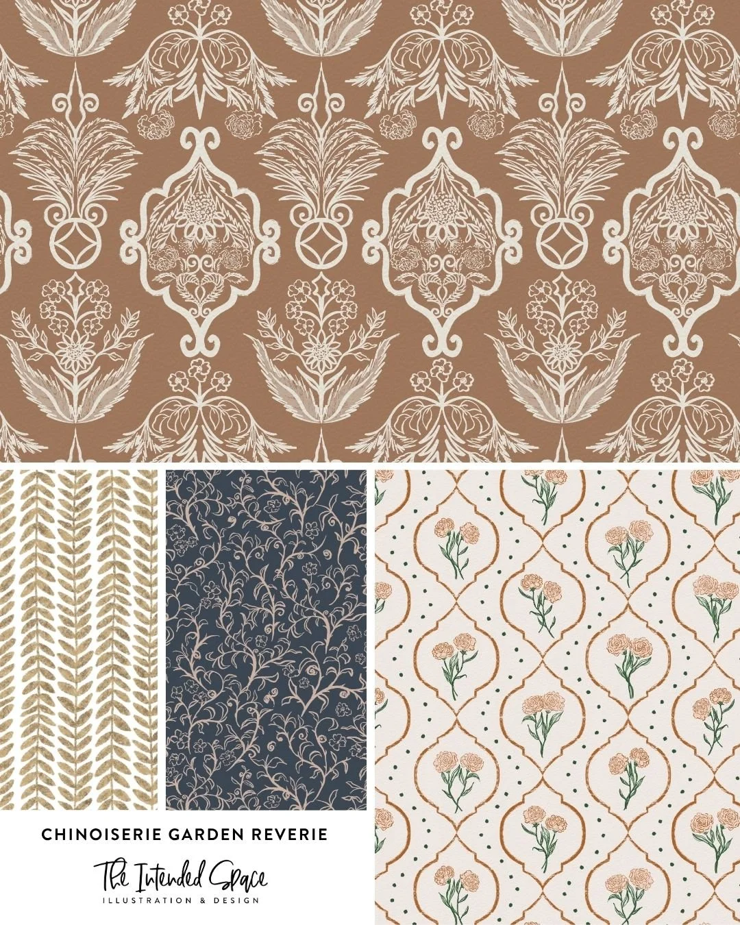 Tuning down the spring colors and ground it with some brown neutrals! This colorway works very well in home decor category I feel! What do you think?⁣
⁣
This collection is now available for licensing and collaboration!⁣
⁣
Art Licensing - Chinoiserie 