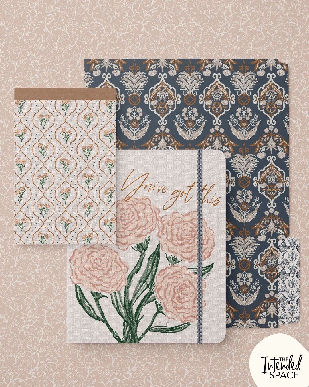 Here is my last post of this Chinoiserie pattern collection! I added a simple encouraging phrase with floral as the notebook cover. I hope you love it as much as I do!⁣
⁣
✨ Stationery Set mockup by @creatsyofficial ✨⁣
⁣
All designs are available for 