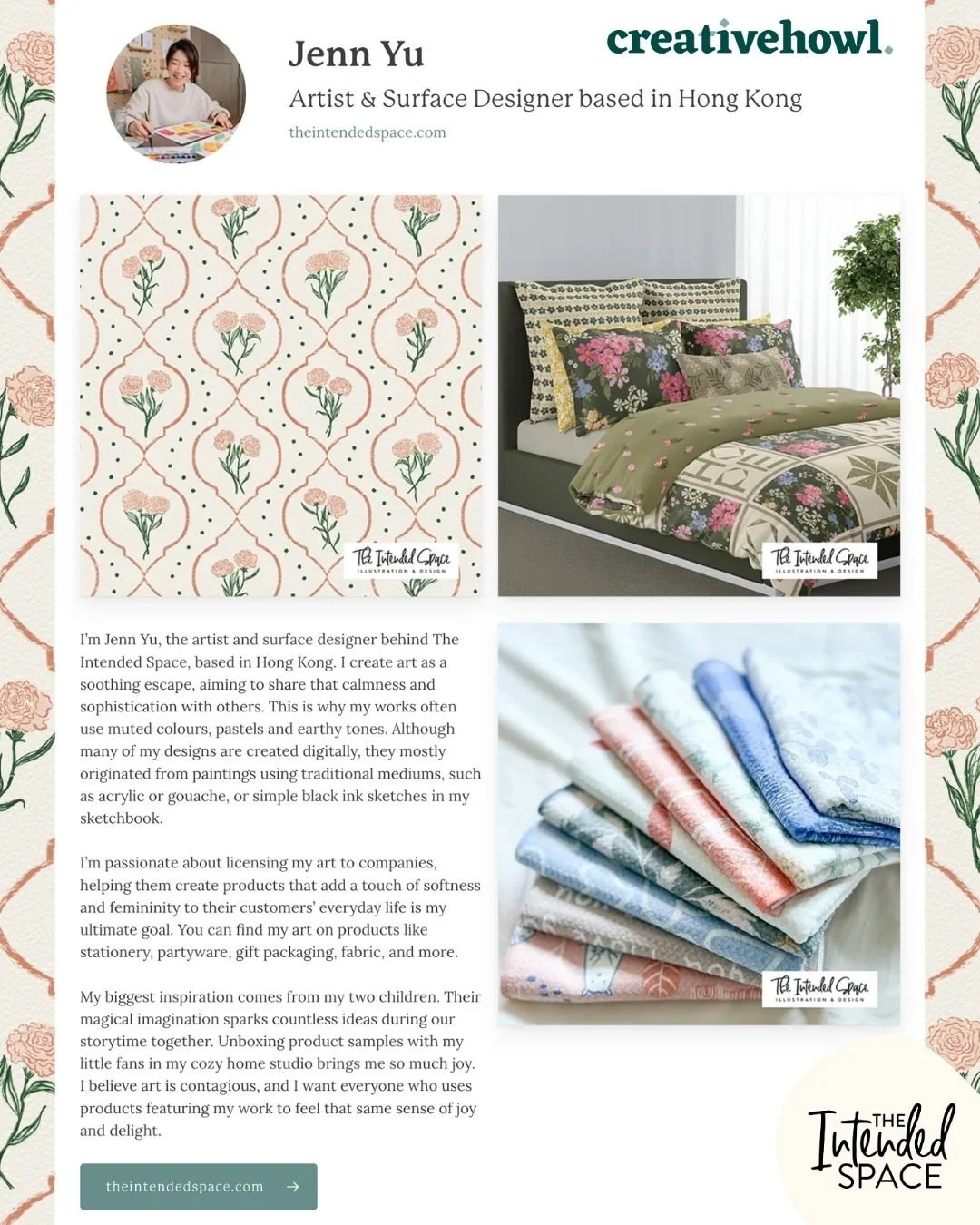 ✨Thank you so much for the feature ✨ I'm feeling very honoured to be included alongside with these amazing talents! ⁣
⁣
@creativehowl has included 16 textile designers in this feature. Each of us have a short introduction about us and our art journey