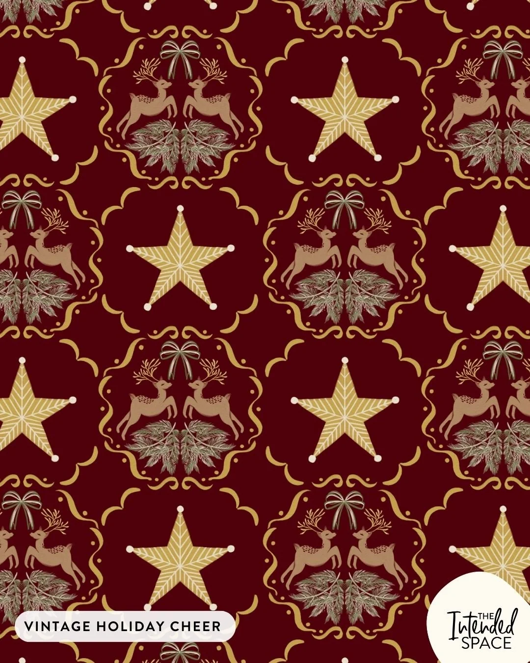 This is probably my favourite pattern in my Vintage Holiday Cheer collection! I love the reindeers, the bow, and obviously, the gold stars! ⁣
⁣
I can imagine this on gift wraps, gift bags, holiday party cups and plates, or even as the pattern of the 
