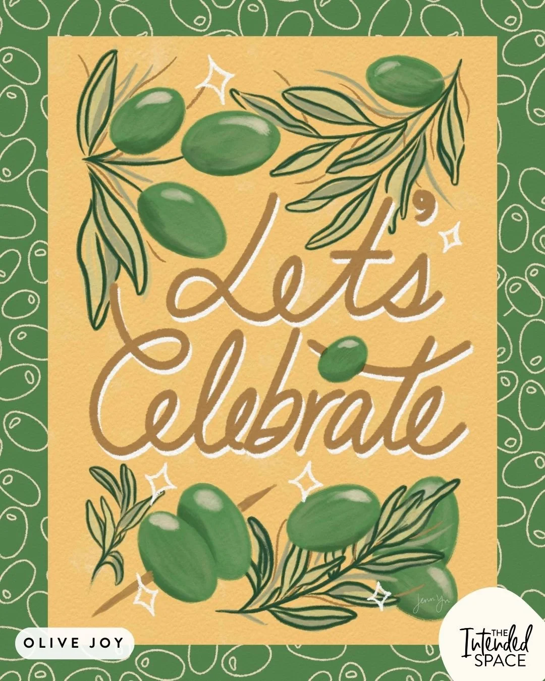 This Let's Celebrate artwork works great as greeting card! The green pattern can be envelope liner or a everyday card! ⁣
⁣
Available for art licensing.⁣⁣
⁣⁣
Olives - Trend forward designs - art licensing - seamless repeat patterns - hand lettering - 