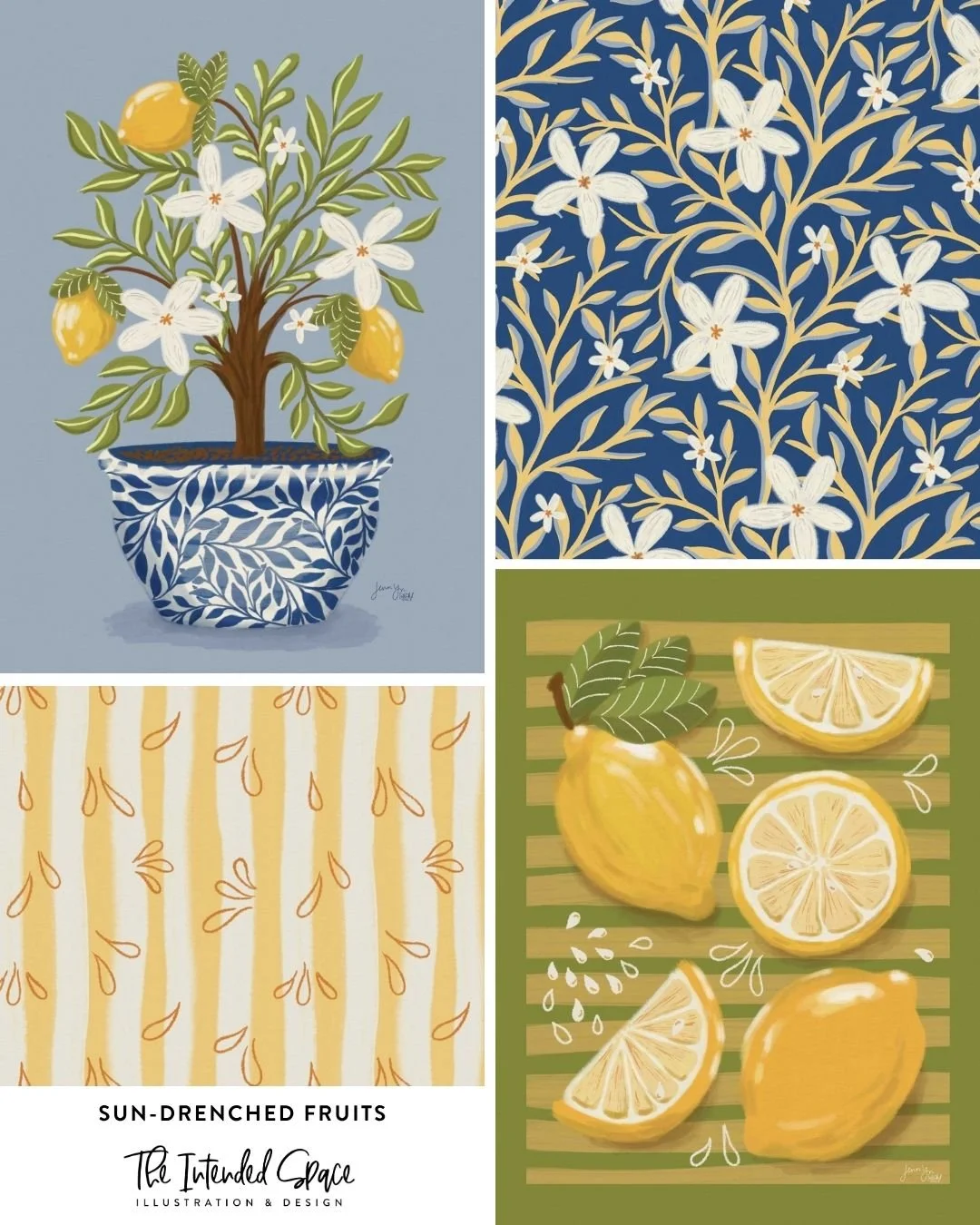 Introducing my latest surface design collection - Sun-Drenched Fruits!⁣
⁣
By using citrusy colors, I created this collection of warm, inviting illustrations. I can already picture them as wall art, stationery, home d&eacute;cor, and even kitchenware!
