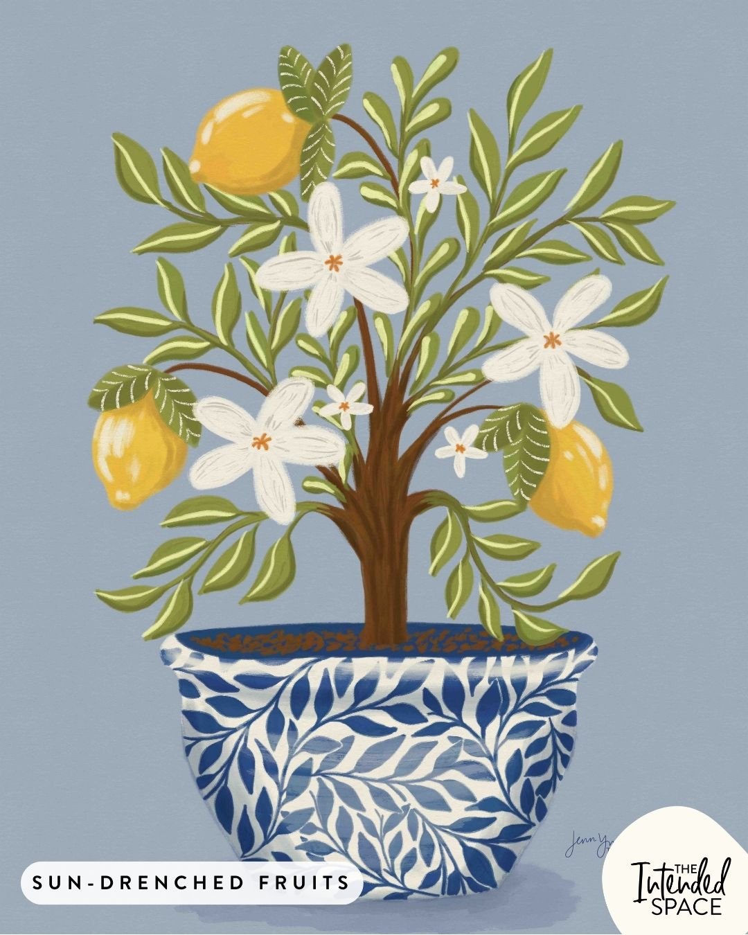 I think I have this tree / plant in my mind for a really REALLY long time. When I decided to create a summer fruits collection, this lemon plant came to my mind right away! I love this blue Chinese ceramic pot and I think it balances the overall comp