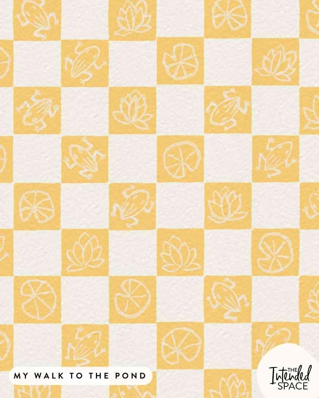 I created this checker seamless pattern to pair with my frog and dragonfly hero designs in this collection. This pattern is available in many colorways and I have incorporated some lotus flower, lily pads and frog secretly hiding in the grid desig!⁣
