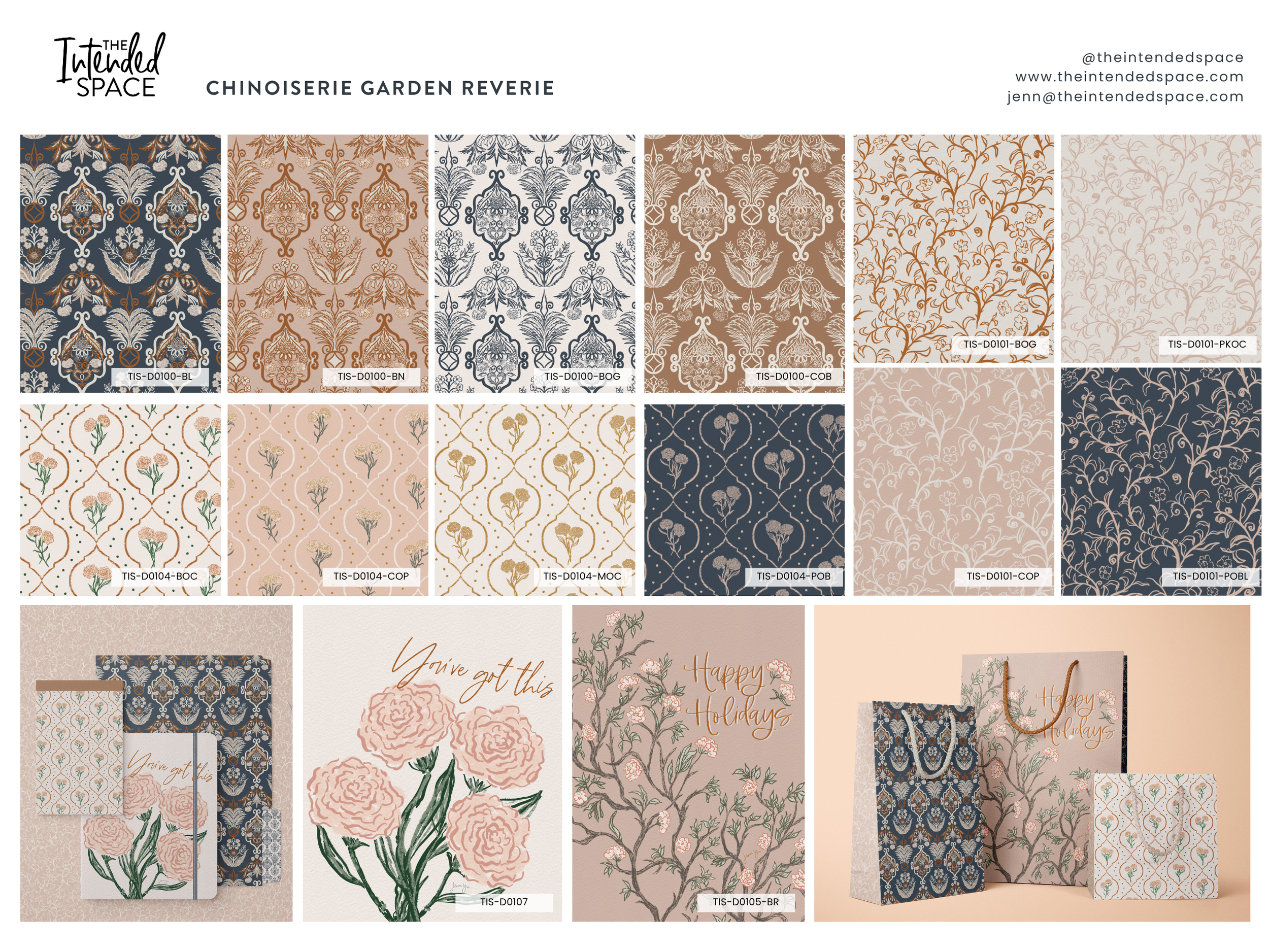A variety of Chinoiserie-style patterns featuring floral and ornate designs in blues, browns, and creams. Includes greeting cards and gift bags, evoking a festive, elegant tone.