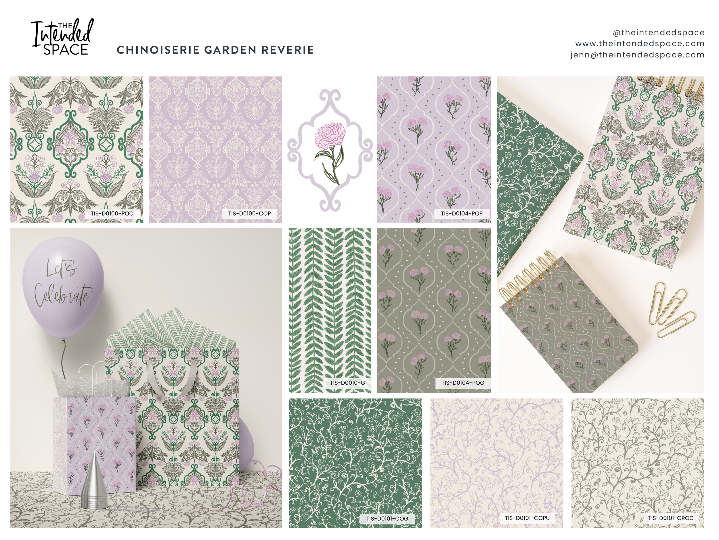 Gift wrapping designs displayed in a grid layout feature elegant chinoiserie patterns in pastel and green hues. A balloon reads "Let's Celebrate" beside wrapped gifts.