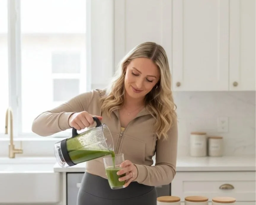 Georgina Waugh in her kitchen, pouring a green smoothie.