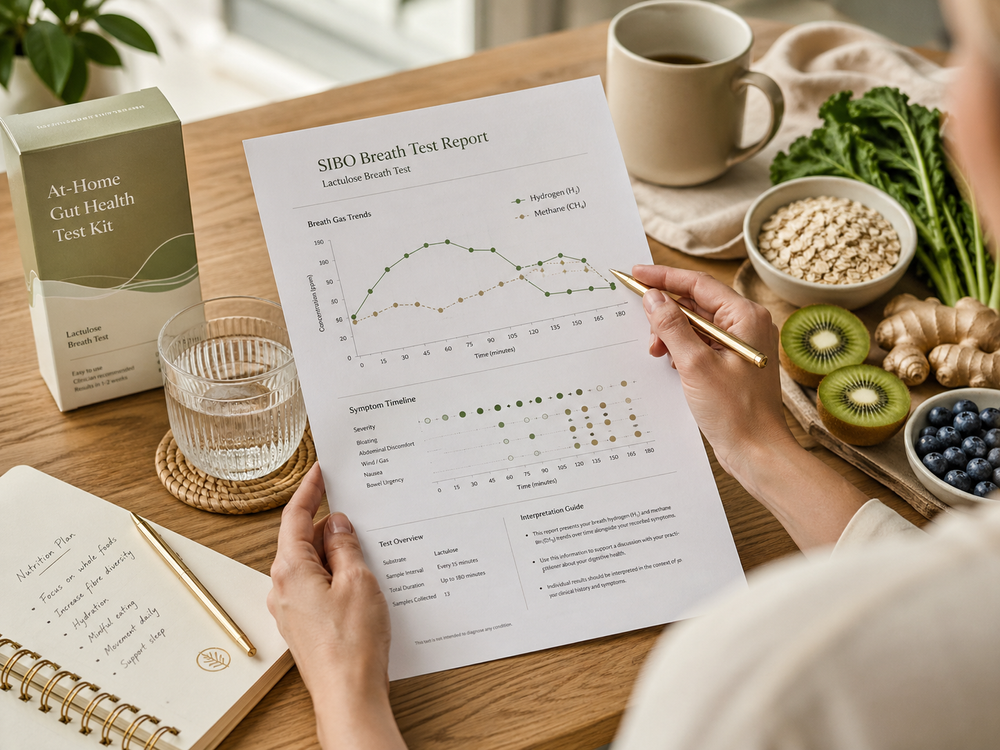 SIBO breath test report and nutrition notes on a warm clinical desk