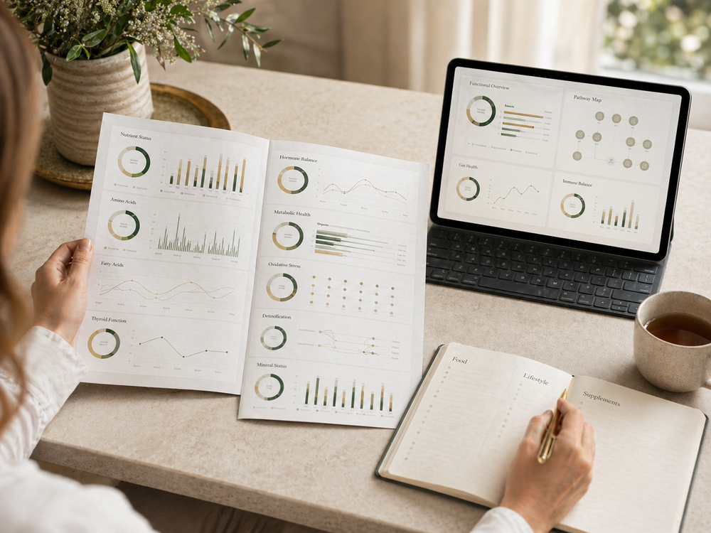 Complete Nutritional Blueprint nutrition desk with wholefoods, wellness notes and abstract report papers