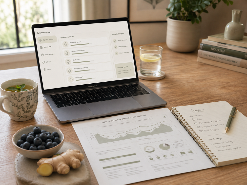 Clinical Nutritionist reviewing SIBO breath test results during an online consultation