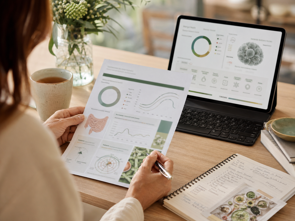 Premium at-home gut microbiome test kit in a warm wellness setting