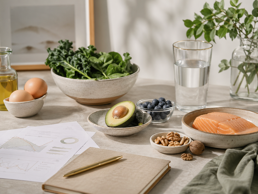 Nutrition planning scene with wholefoods, water and functional testing notes