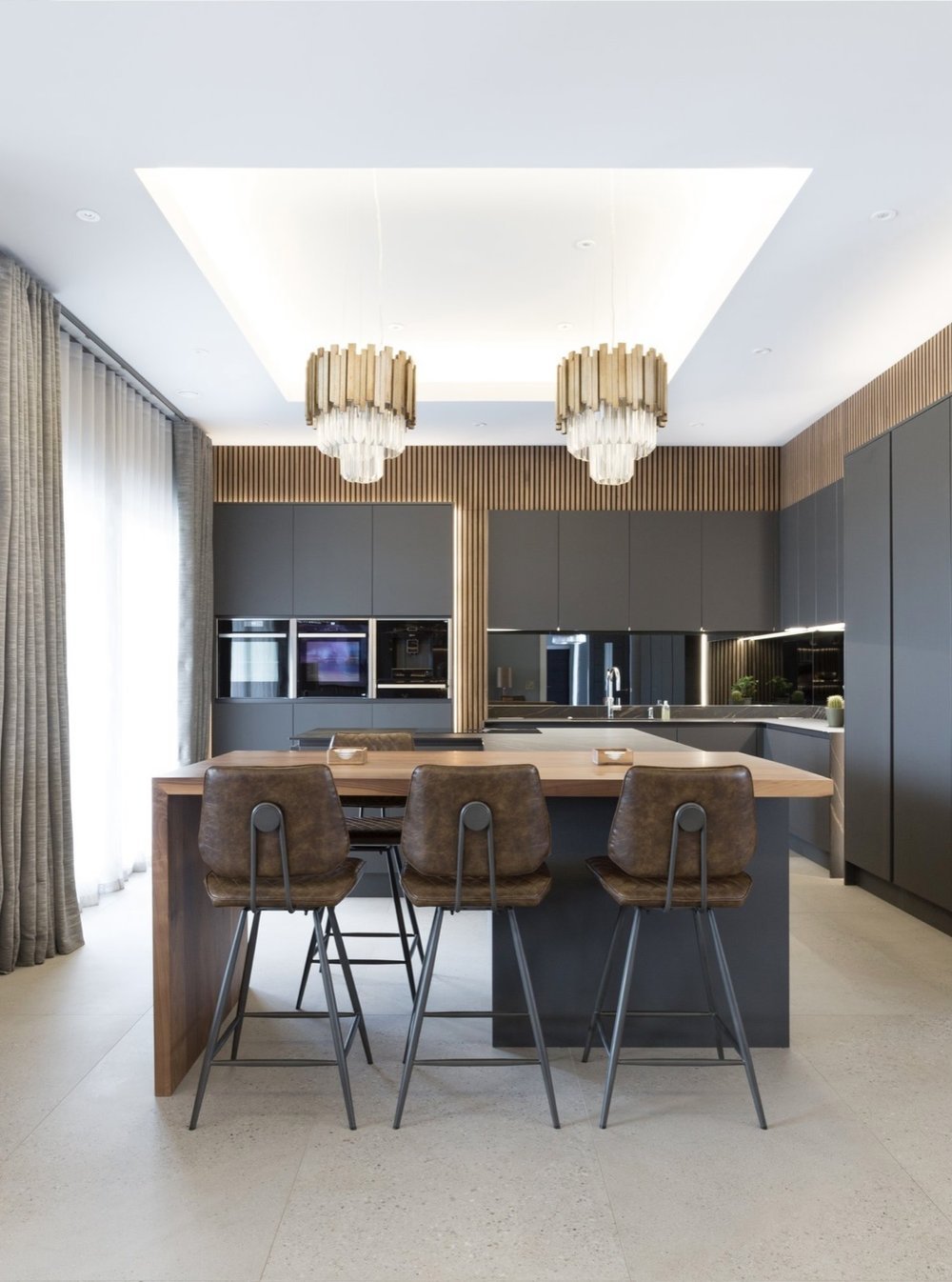 Modern kitchen with 4 seats at the breakfast bar on the island unit