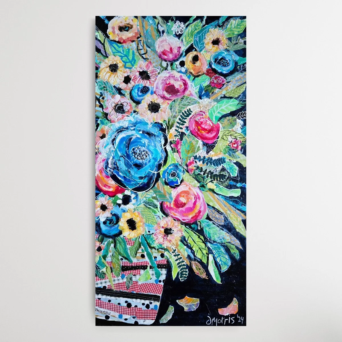 Petal Talk...  Acrylic and Collage on Deep Canvas, 24 x 42 in