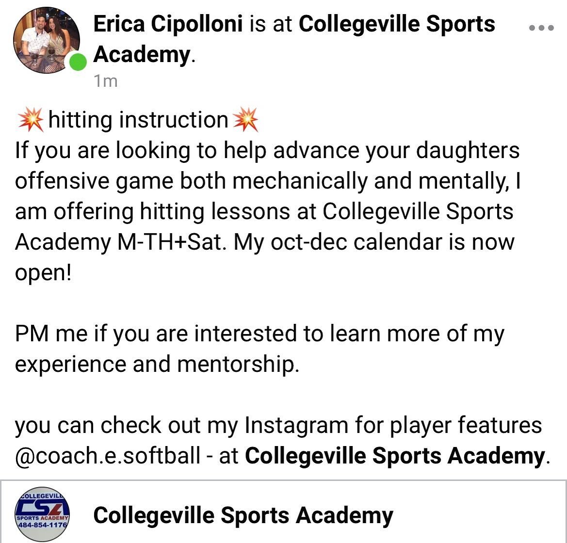 ✨SHARE THE NEWS✨
I am pleased to announce that I will be giving hitting lessons M-TH 4-9p and Sat 8-11a at Collegeville Sports Academy starting in OCTOBER! 

Those who work with me know I am 100% COMMITTED to my players. My players have full access t