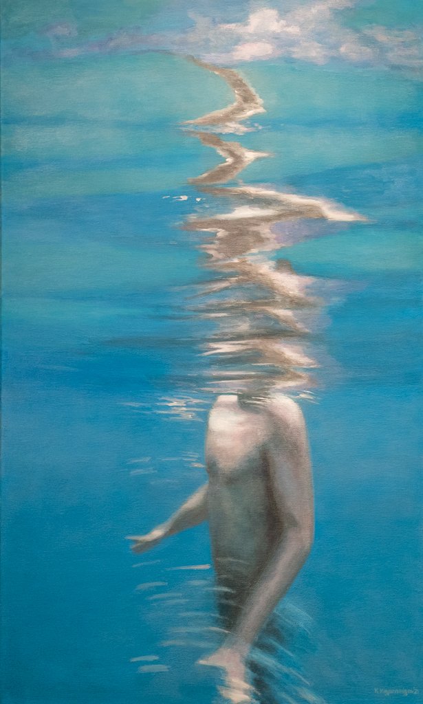 In the blue sea, I found me easily (2021), acrylics on canvas, 100Χ60 cm