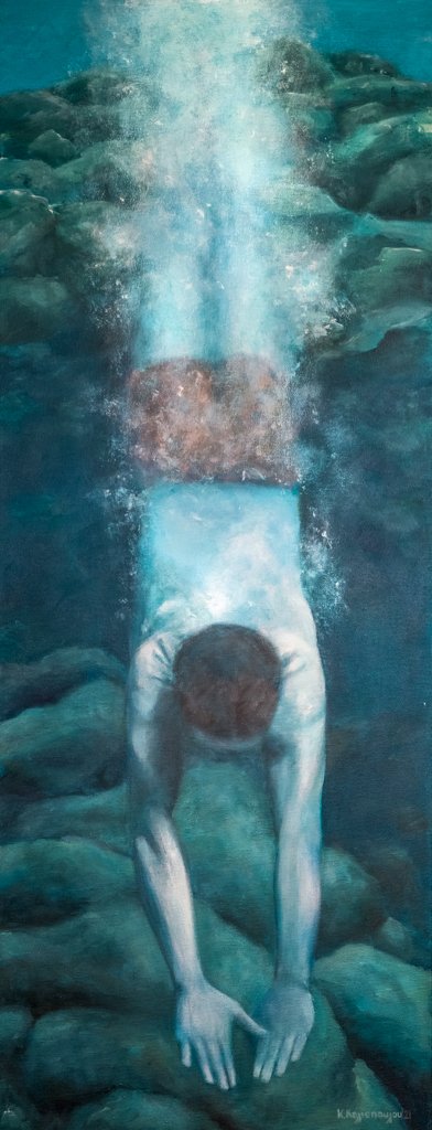 Blind leap of faith (2021), acrylics on canvas, 90X35 cm