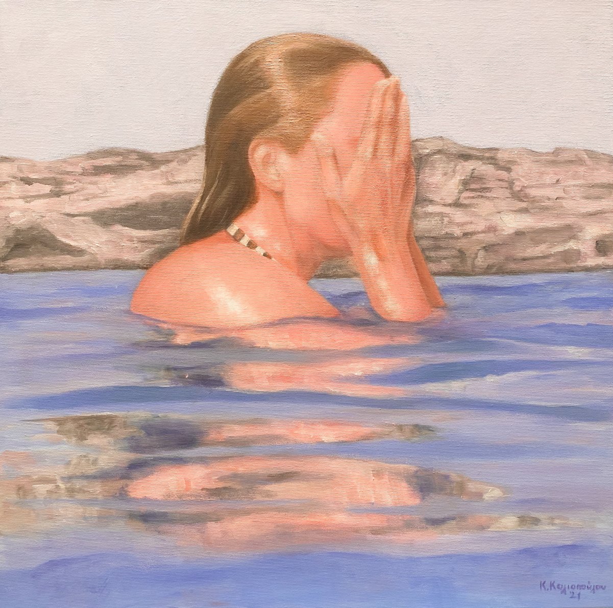 Early morning swim (2021), acrylics on canvas, 50X50 cm