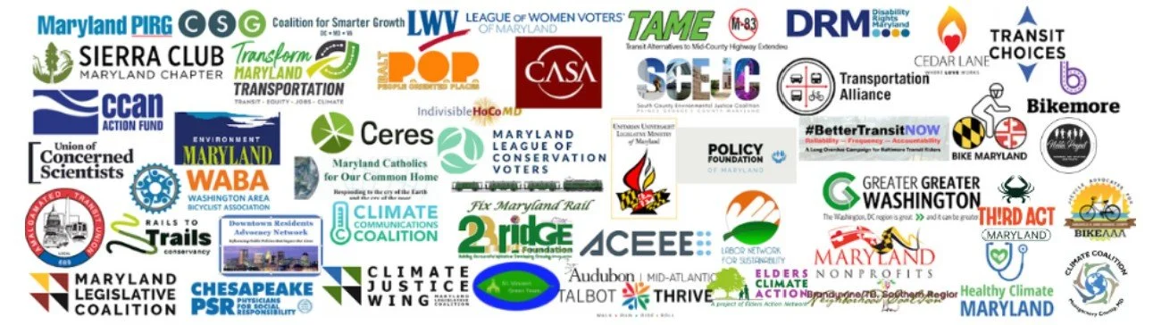 Logos of a few dozen groups that support the Transportation and Climate Alignment Act listed below