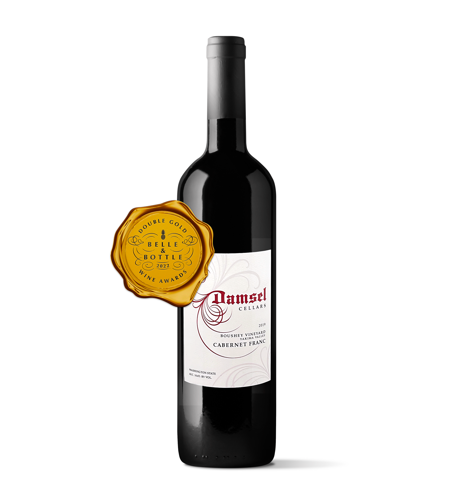 Dark high-shouldered 750mL wine bottle with white label and red Damsel Logo. A decorative gold seal placed on top of the bottle indicates this wine has received a double gold award from Belle and Bottle in 2022.