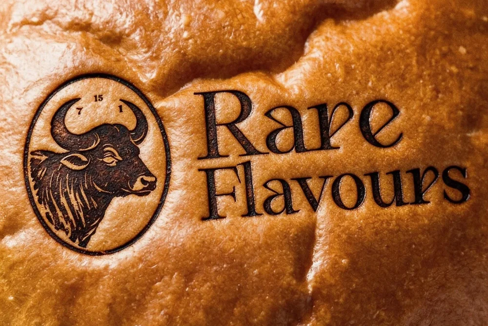 Rare Flavours logo embossed into bread, brand identity designed by CL42ITY