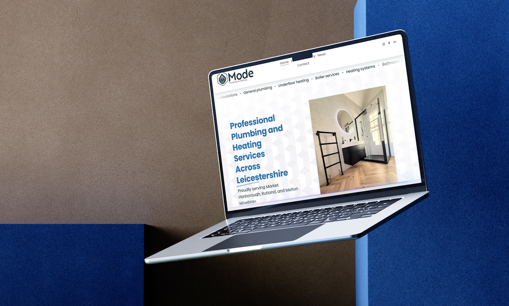 Mode Plumbing and heating website in Leicestershire designed by CL42ITY, shown on a laptop
