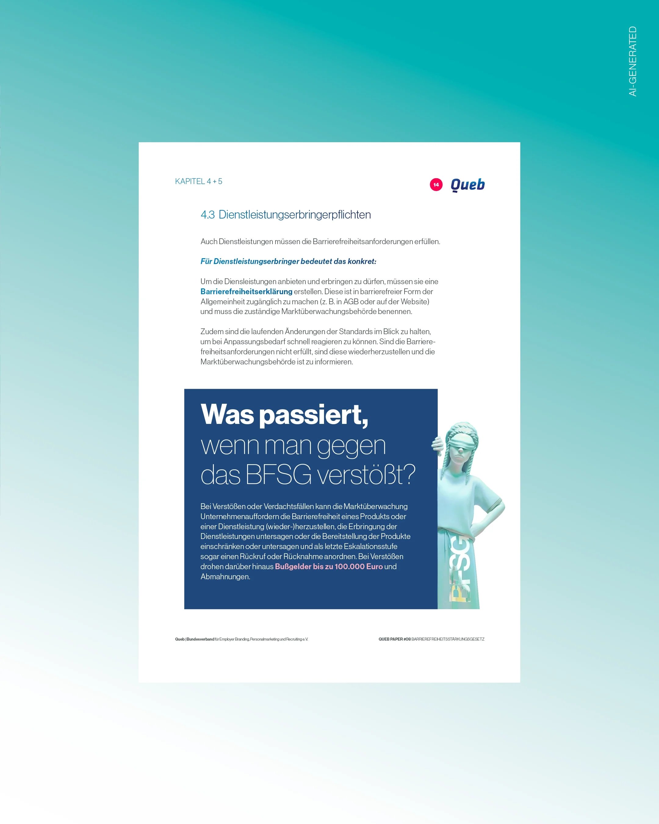 Eine Innenseite des Whitepapers mit viel Weissraum im Corporate Design von Queb und einer mit KI erzeugten Justitia