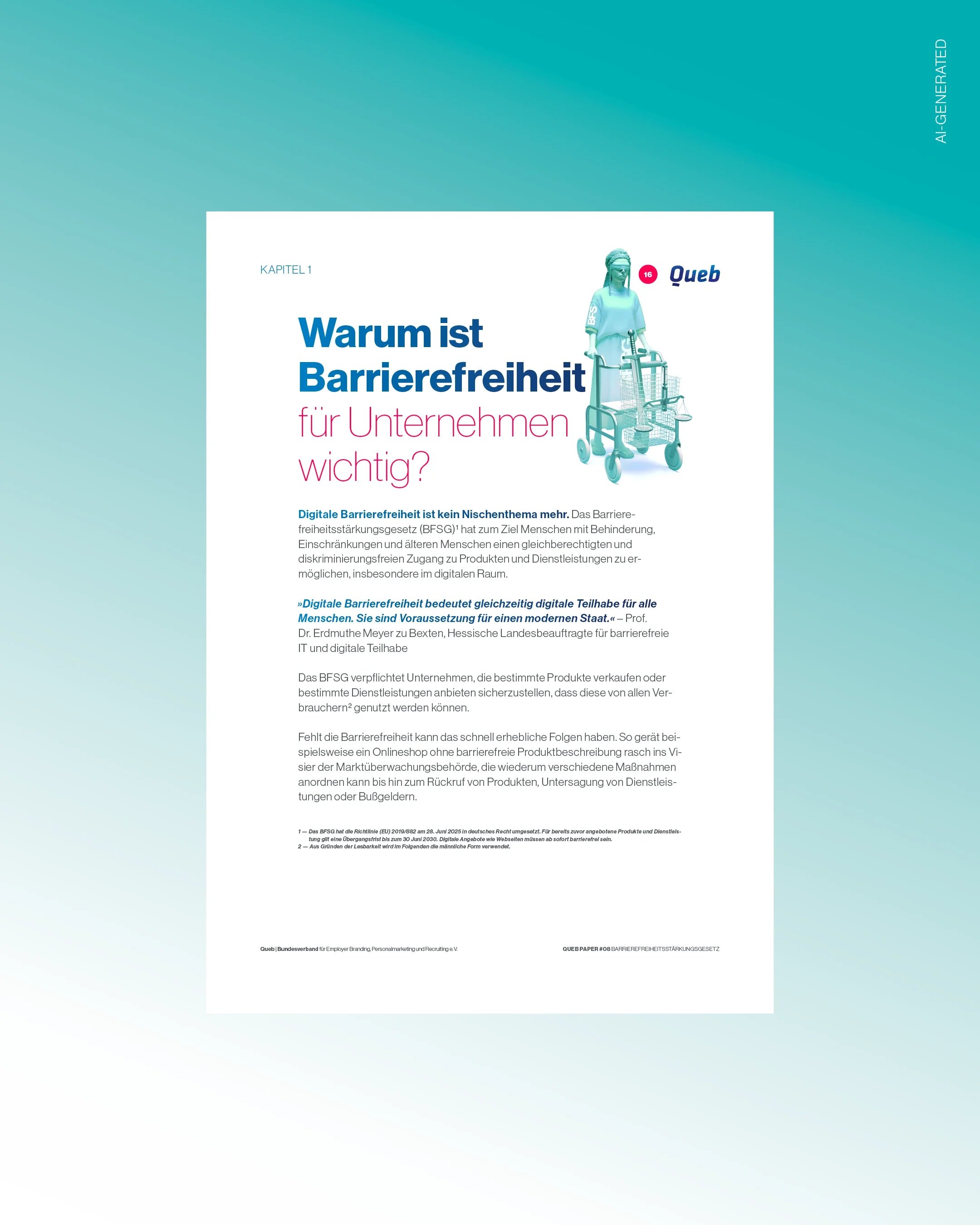 Minimalistisch gestaltete Einzelseite aus dem Whitepaper mit Justitia (in KI gestaltet udn in Photoshop zusammengesetzt) unterwegs mit Rollator