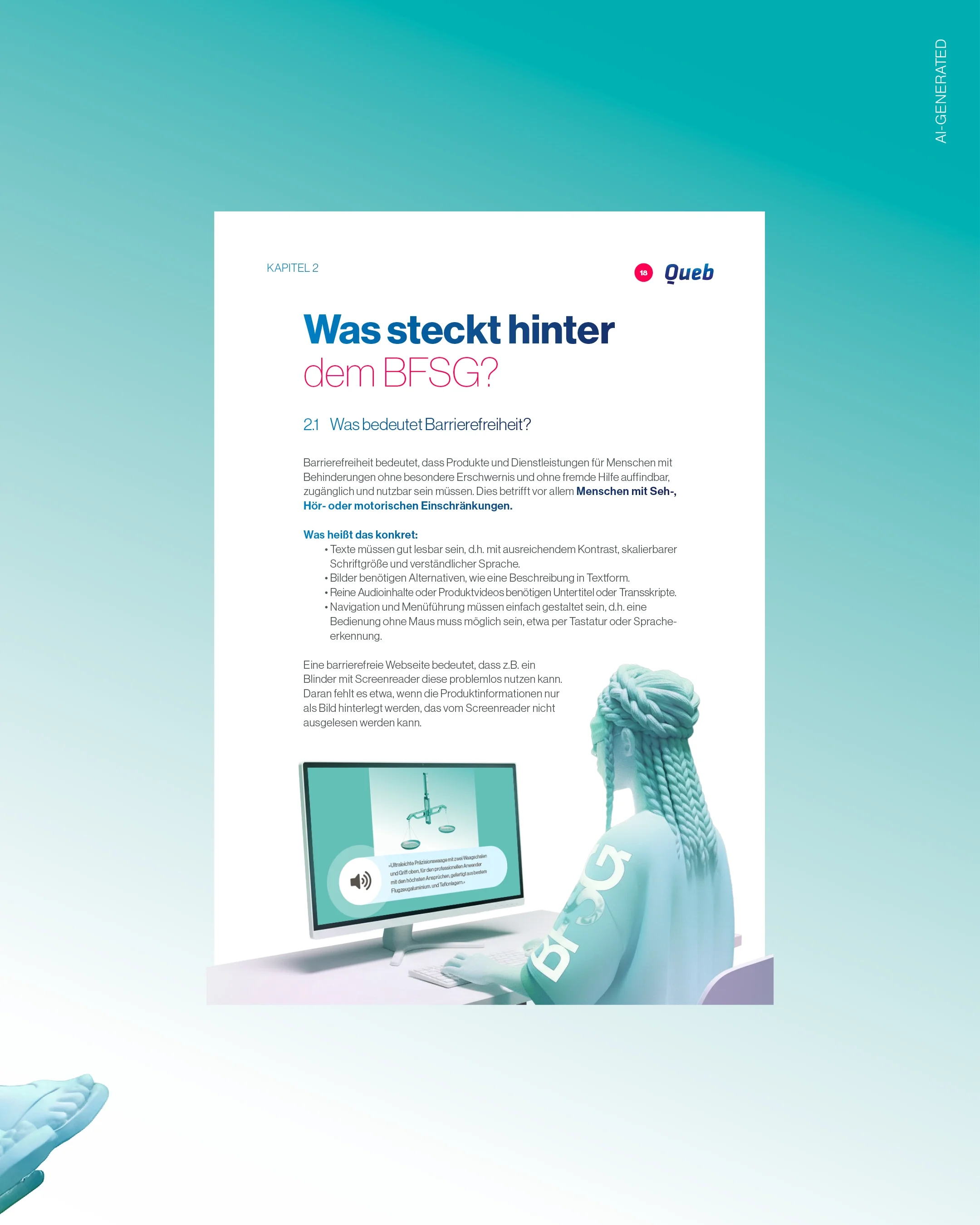 Mit KI entwickelter Justitia Character sitzt im Layout des Whitepapers und prüft die Alt-Texte am Rechner und visualisiert so klar die Bedeutung des BFSG