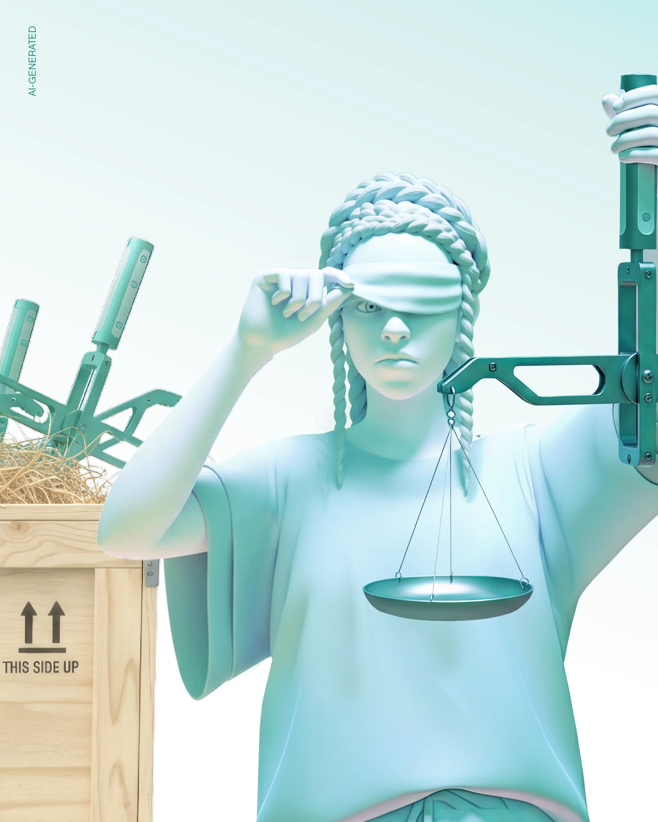 Justitia im 3D-Character-Style hebt die Augenbinde um zu rpüfen, ob die Lieferung Waagen auch wirklich mit CE-Zeichen markiert ist. Hinter ihr ist eine offene Transportliste zu sehen, in der weitere Waagen geliefert wurden. In KI erzeugt.