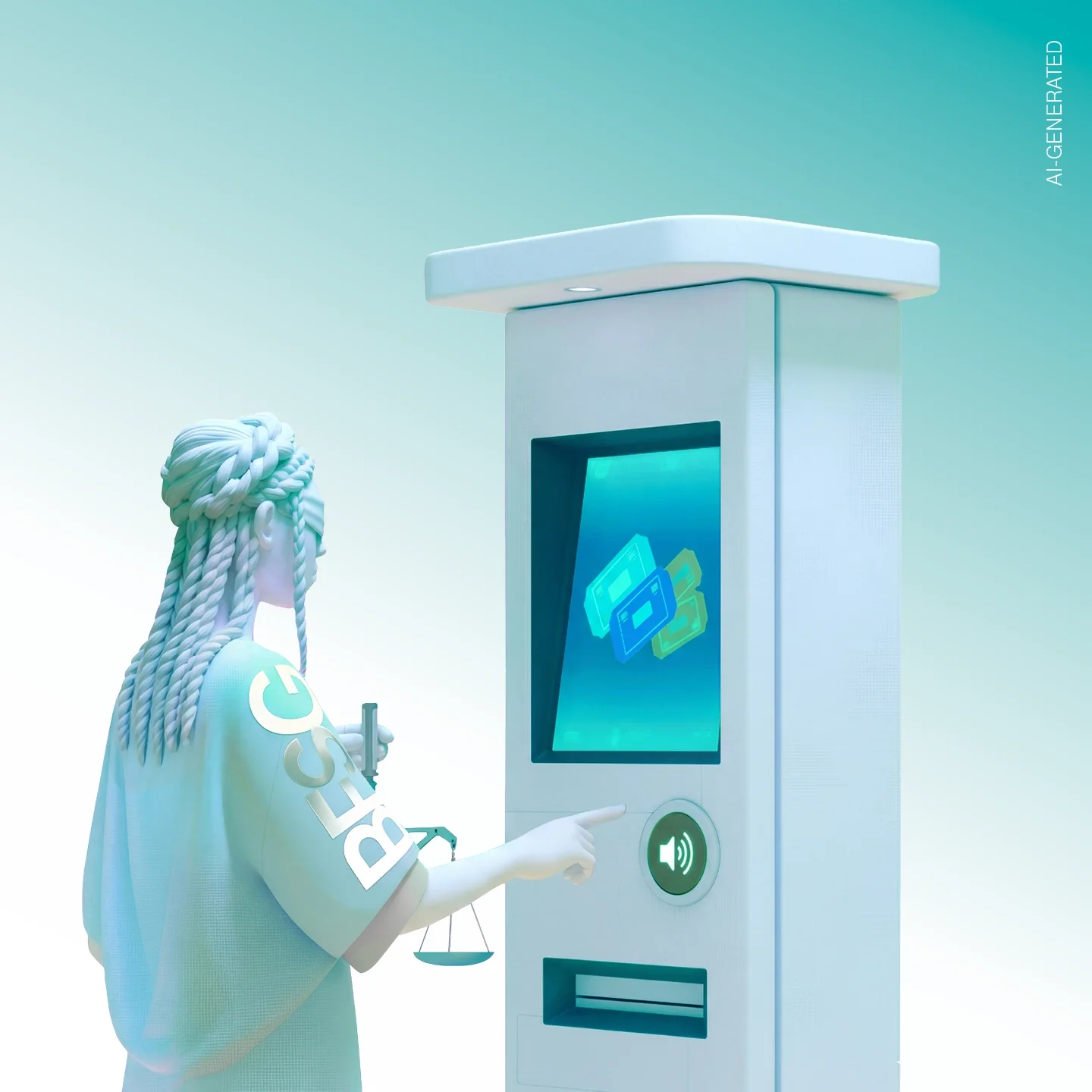 Justitia als 3D-Charatere in der stylischen BFSG-Uniform-Toga vor einem Ticketautomaten, da Justitia von berufswegen her blind ist, testet sie die Sprchfunktion des Ticketautomaten, erstellt mit KI, composed in Photoshop