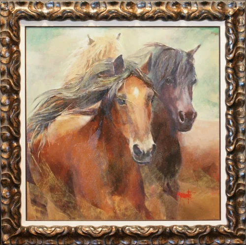 Painting of two horses in an ornate antique bronze frame with a linen liner, custom framed in San Antonio