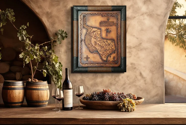 Historical Texas leather map in a leather frame